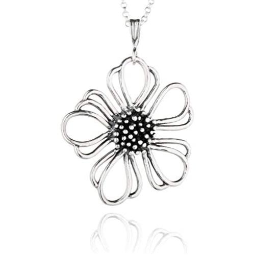 PZ Paz Creations 925 Sterling Silver Flower Necklace For Women Girls | Pendant With 18'' Rolo Chain | Open Work Bohemian Design Jewelry | Hypoallergenic