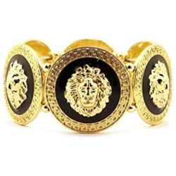 D-Fokes Celebrity Style Inspired Trendy Gold Black Lion Head Medallion Chunky Stretch Bangle Bracelet