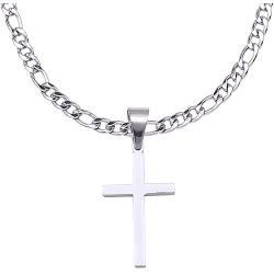 Double Rainbow Jewelry 18''-36'' Mens Stainless Steel Unisex Silver Plain Cross Pendant 6MM Figaro Chain Necklace Link