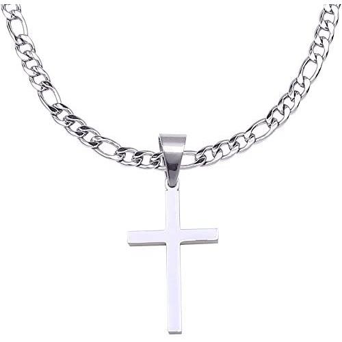 Double Rainbow Jewelry 18''-36'' Mens Stainless Steel Unisex Silver Plain Cross Pendant 6MM Figaro Chain Necklace Link