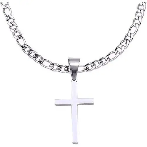 Double Rainbow Jewelry 18''-36'' Mens Stainless Steel Unisex Silver Plain Cross Pendant 6MM Figaro Chain Necklace Link Double Rainbow Jewelry 18''-36'' Mens Stainless Steel Unisex Silver Plain Cross Pendant 6MM Figaro Chain Necklace Link