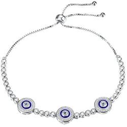 TONGZHE Blue Evil Eyes Tennis Bracelet in Sterling Silver 925 with Cubic Zirconia CZ and Adjustable 10'' Box Chain