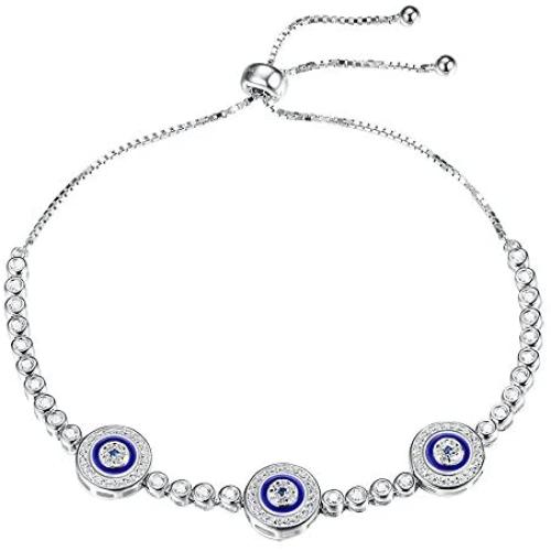 TONGZHE Blue Evil Eyes Tennis Bracelet in Sterling Silver 925 with Cubic Zirconia CZ and Adjustable 10'' Box Chain