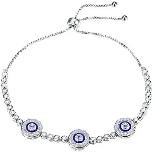 TONGZHE Blue Evil Eyes Tennis Bracelet in Sterling Silver 925 with Cubic Zirconia CZ and Adjustable 10'' Box Chain TONGZHE Blue Evil Eyes Tennis Bracelet in Sterling Silver 925 with Cubic Zirconia CZ and Adjustable 10'' Box Chain