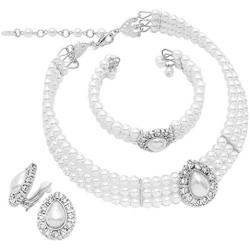 Rosemarie & Jubalee Womens Simulated Large Teardrop Pearl 3 Piece Choker Necklace Cuff Bracelet Clip On Earrings Bridal Jewelry Set
