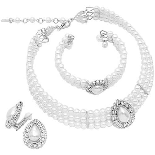 Rosemarie & Jubalee Womens Simulated Large Teardrop Pearl 3 Piece Choker Necklace Cuff Bracelet Clip On Earrings Bridal Jewelry Set