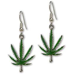 Marijuana Weed Pot Leaf Dangle Earrings Green Enamel on Pewter