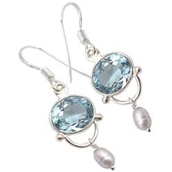 SilverStarJewel 925 Solid Silver 8 x 10 mm Blue Topaz Beads Earrings 1.5'' 2.6 Grams