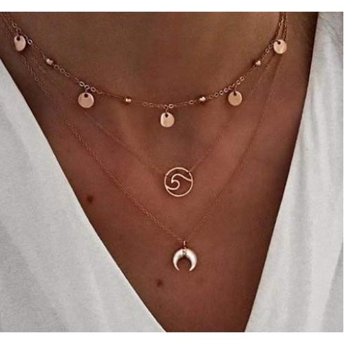 Ckecharfa Boho Gold Layered Necklace Sequins Choker Necklace Summer Beach Moon Pendant Chain Wave Neck Chains Beaded Jewelry for Women and Girls