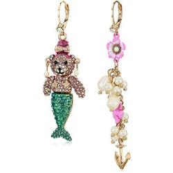 Betsey Johnson Pave Mermaid Bear & Pearl Cluster Mismatch Drop Earrings