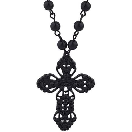 Lux Accessories Classic 80s Gothic Rosary Cross Beaded Pendant Necklace