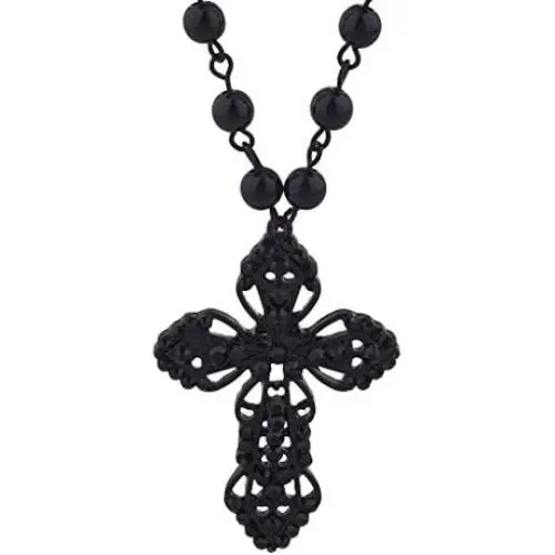 Lux Accessories Classic 80s Gothic Rosary Cross Beaded Pendant Necklace Lux Accessories Classic 80s Gothic Rosary Cross Beaded Pendant Necklace