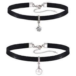 2 Pcs Black Leather Choker Necklace Black Moon Star Choker Pearl Cubic Zircon Dangle Clavicle Chain Necklace Elegant Necklace Jewelry Gift