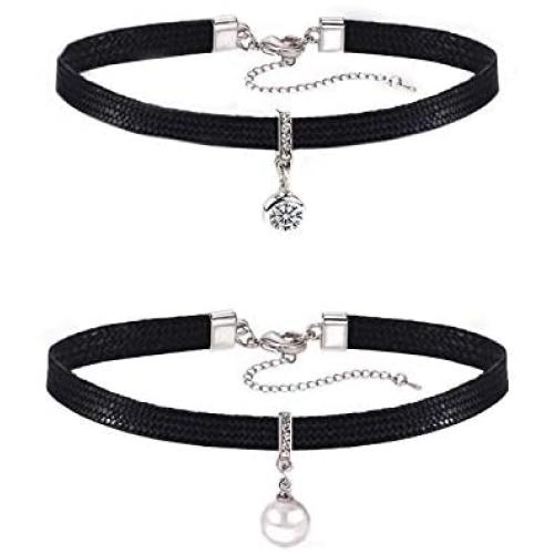 2 Pcs Black Leather Choker Necklace Black Moon Star Choker Pearl Cubic Zircon Dangle Clavicle Chain Necklace Elegant Necklace Jewelry Gift