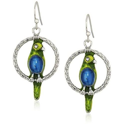 1928 Jewelry Womens Pewter Hoops with Blue & Green Enamel Parrot Drop Earrings, 1.5