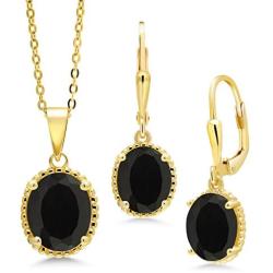 Gem Stone King 18K Yellow Gold Plated Silver Black Onyx Pendant Earrings Set For Women (7.00 Ct Oval, Gemstone Birthstone with 18 Inch Chain)