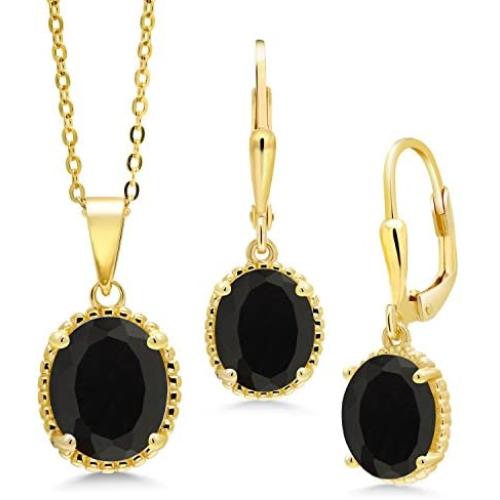 Gem Stone King 18K Yellow Gold Plated Silver Black Onyx Pendant Earrings Set For Women (7.00 Ct Oval, Gemstone Birthstone with 18 Inch Chain)