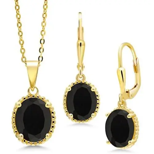 Gem Stone King 18K Yellow Gold Plated Silver Black Onyx Pendant Earrings Set For Women (7.00 Ct Oval, Gemstone Birthstone with 18 Inch Chain)