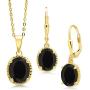 Gem Stone King 18K Yellow Gold Plated Silver Black Onyx Pendant Earrings Set For Women (7.00 Ct Oval, Gemstone Birthstone with 18 Inch Chain)