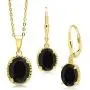 Gem Stone King 18K Yellow Gold Plated Silver Black Onyx Pendant Earrings Set For Women (7.00 Ct Oval, Gemstone Birthstone with 18 Inch Chain)