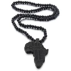 COLORFUL BLING Multicolor 8MM Wooden Bead Chain African Hip-hop Africa Map Pendant Necklace for Men Boys Natural Wood Jewelry