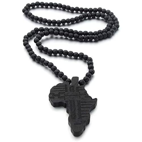 COLORFUL BLING Multicolor 8MM Wooden Bead Chain African Hip-hop Africa Map Pendant Necklace for Men Boys Natural Wood Jewelry