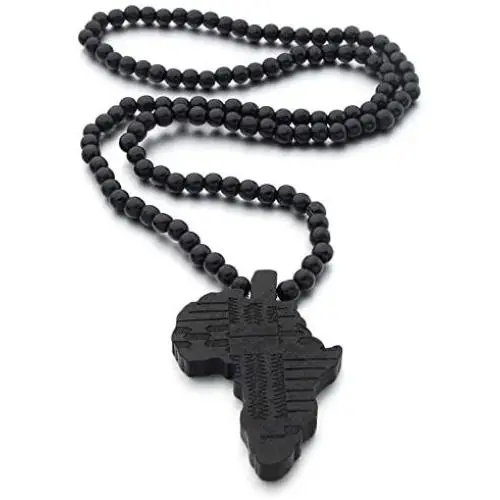 COLORFUL BLING Multicolor 8MM Wooden Bead Chain African Hip-hop Africa Map Pendant Necklace for Men Boys Natural Wood Jewelry COLORFUL BLING Multicolor 8MM Wooden Bead Chain African Hip-hop Africa Map Pendant Necklace for Men Boys Natural Wood Jewelry