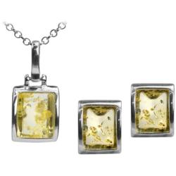 Sterling Silver Light Amber Rectangular Stud Earrings Necklace 18 Inches