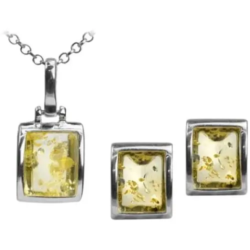 Sterling Silver Light Amber Rectangular Stud Earrings Necklace 18 Inches