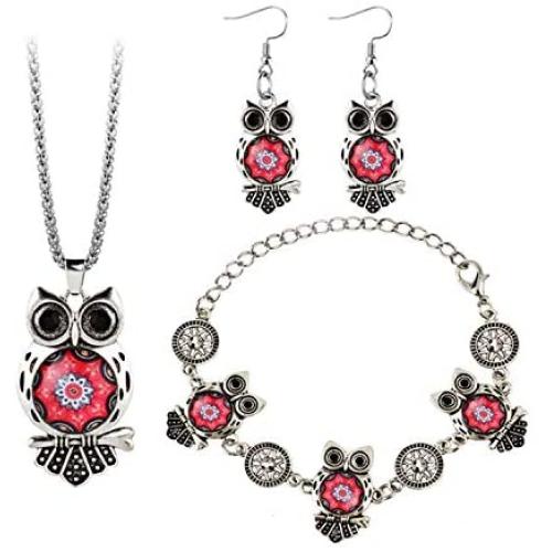 3 Pieces Vintage Owl Jewelry Sets,Ethnic Tribal Womens Owl Pendant Necklace Earrings and Link Bracelet