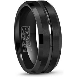 Crownal 4mm 6mm 8mm 10mm Black Tungsten Wedding Band Ring Men Women Beveled edges Polished Grooved Center Comfort Fit Size 4 To 17