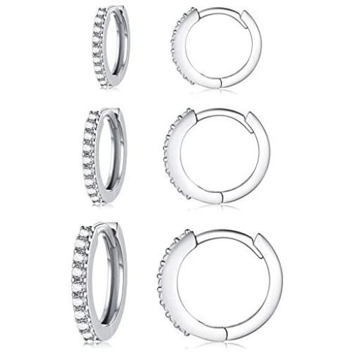Silver Hoop Earrings for Women, 3 Pairs Small Sterling Silver Huggie Earrings | Tiny Cubic Zirconia Cartilage Cuff Earrings Hoop Piercing Jewellery for Girls Men Teens (8mm/10mm/12mm)