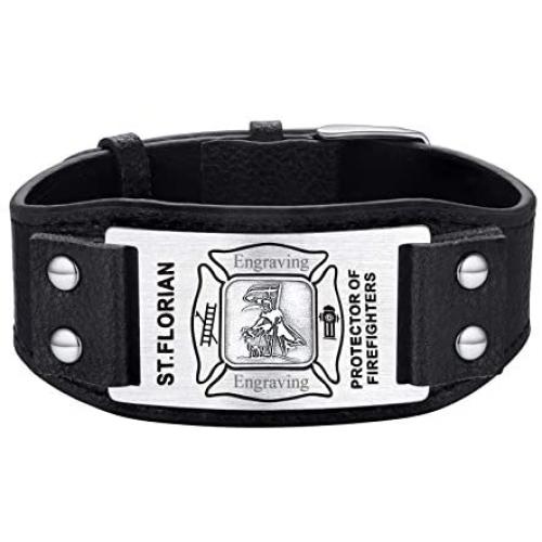 FaithHeart Mens Cuff Bracelet-Genuine Leather Wristband-Catholic Saint Michael/St Christopher/St Florian/Eye of Horus Adjustable Bracelets Can Engrave