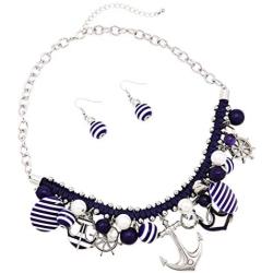 Rosemarie Collections Womens Unique Anchors Away Anchor and Helm Nautical Navy Stripe Collar Necklace Earrings Set, 18-20'' with 2'' Extender