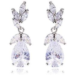 Teardrop CZ Bridal Earring Women’s Elegant Sterling Silver Cubic Zirconia Cluster Floral Leaf Crystal Rhinestone Wedding Dangle Drop Earring for Bride Bridesmaids Mother of Bride Party Prom