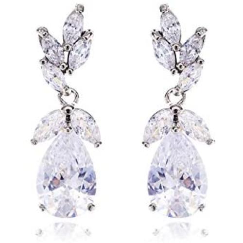 Teardrop CZ Bridal Earring Women’s Elegant Sterling Silver Cubic Zirconia Cluster Floral Leaf Crystal Rhinestone Wedding Dangle Drop Earring for Bride Bridesmaids Mother of Bride Party Prom