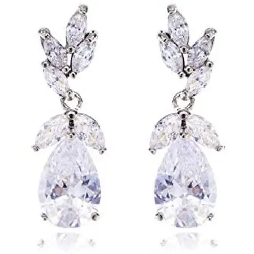 Teardrop CZ Bridal Earring Women’s Elegant Sterling Silver Cubic Zirconia Cluster Floral Leaf Crystal Rhinestone Wedding Dangle Drop Earring for Bride Bridesmaids Mother of Bride Party Prom