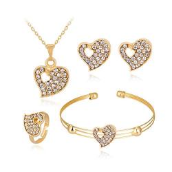 Cathercing Gold Necklace Earrings Bracelets Ring Set for Women Party Jewelry Heart Rhinestone Necklace Earrings Set Charm Elegant Accessories for Wedding Cosplay Ball Prom Gift
