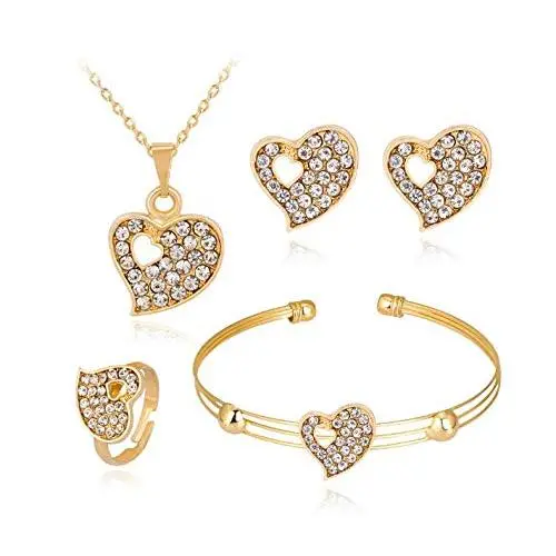 Cathercing Gold Necklace Earrings Bracelets Ring Set for Women Party Jewelry Heart Rhinestone Necklace Earrings Set Charm Elegant Accessories for Wedding Cosplay Ball Prom Gift