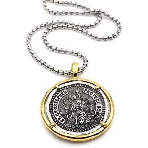 LESLIE BOULES Vintage Saint Christopher Medal Necklace for Men 22 Inches Length Protection Jewelry