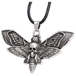 HAQUIL Skull Jewelry Alloy Skull Deaths-Head Hawkmoth Pendant Necklace with Leather Cord for Women and Girls, 19.8''