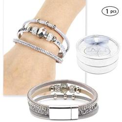 KWONG Dofash Rhinestone Leopard Grain Leather Blonde Magnetic Buckle Alloy Bangle Handmade Cuff Jewelry Wrap Bracelets with Exquisite Box for Lovers Women Girls