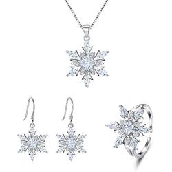 EVER FAITH Womens Jewelry 925 Sterling Silver Cubic Zirconia Elegant Winter Snowflake Party Necklace Earrings Ring Set