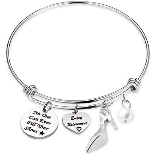 HN HNHB Retirement Gift No One Can Ever Fill Your Shoes Charm Bangle Bracelet Enjoy Retirement Jewelry Gift for Coworker, Teacher, Friends