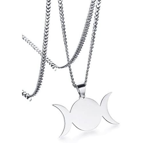Stainless Steel Wiccan Triple Moon Goddess Symbol Pendant Necklace Jewelry for Men Women,24'' Chain