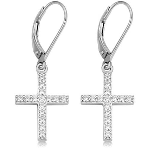 Kooljewelry Sterling Silver and Cubic Zirconia Cross Dangle Earrings