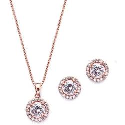 Mariell Ultra Dainty 10.5mm Cubic Zirconia Round Halo Necklace & Stud Earrings Set -14K Rose Gold Plated