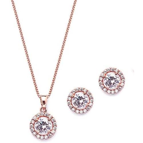 Mariell Ultra Dainty 10.5mm Cubic Zirconia Round Halo Necklace & Stud Earrings Set -14K Rose Gold Plated
