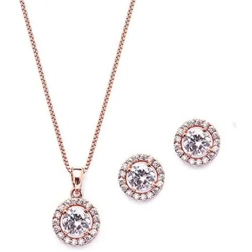 Mariell Ultra Dainty 10.5mm Cubic Zirconia Round Halo Necklace & Stud Earrings Set -14K Rose Gold Plated Mariell Ultra Dainty 10.5mm Cubic Zirconia Round Halo Necklace & Stud Earrings Set -14K Rose Gold Plated