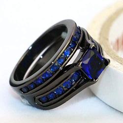 wedding ring set Two Rings His Hers Couples Rings Womens Black Gold Plated Blue Sapphire CZ Wedding Engagement Ring Bridal Sets & Mens Titanium Wedding Band